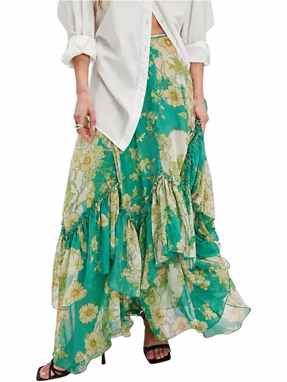 Amber Sky Floral Chiffon Ruffle Tiered Maxi Skirt Green Boho Cottagecore Large